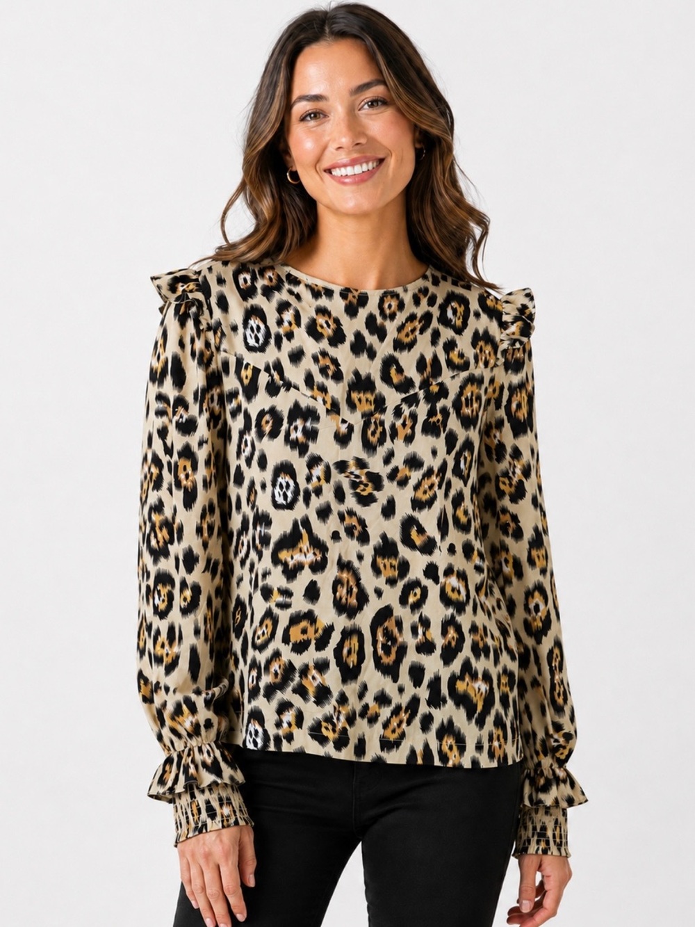 ENGLISH FACTORY | Animal Print Ruffle Shoulder Long-Sleeve Top Blouse Sz. Medium